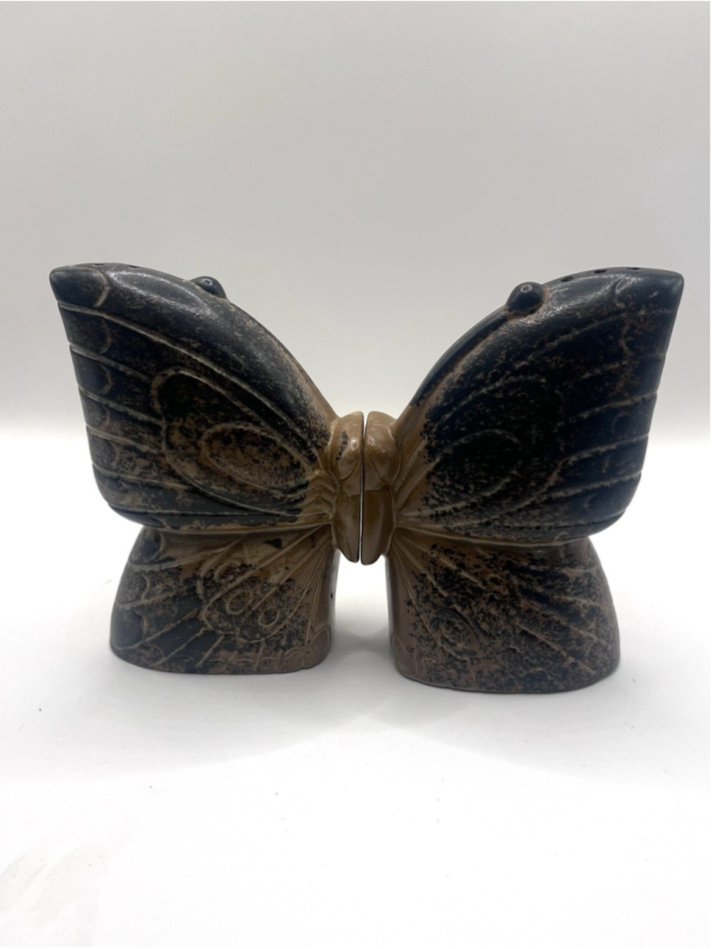 Vintage Butterfly Salt & Pepper Shakers Japan Brown Black Ceramic MCM Large Wing
